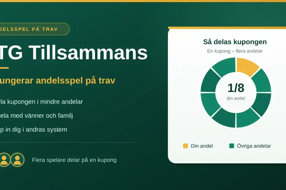 Grafik med texten "ATG Tillsammans – så fungerar andelsspel på trav" bredvid ett cirkeldiagram som visar en kupong uppdelad i åtta andelar, där en andel är markerad.