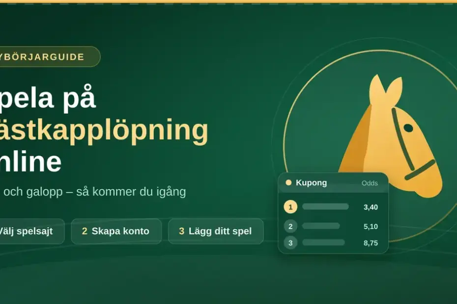 Grafik med en gyllene hästprofil i en cirkel och en digital spelkupong med odds, som illustrerar en nybörjarguide till att spela på hästkapplöpning online.