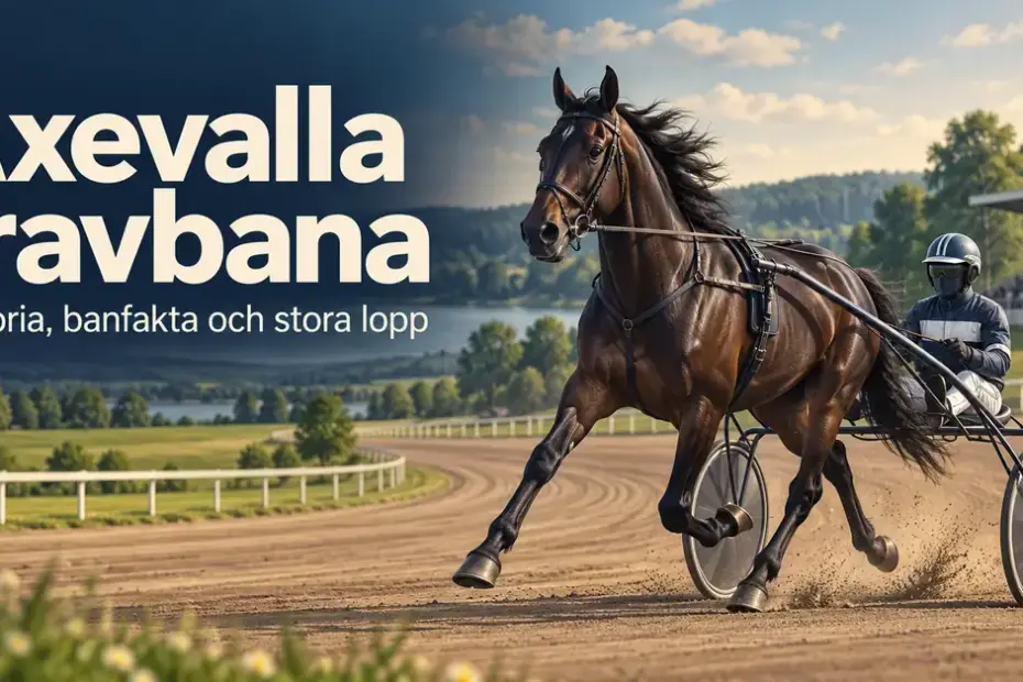 Illustration av en travhäst med sulky och kusk på en travbana i grönskande landskap, med texten ”Axevalla travbana – Historia, banfakta och stora lopp”.