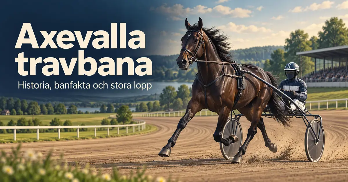 Illustration av en travhäst med sulky och kusk på en travbana i grönskande landskap, med texten ”Axevalla travbana – Historia, banfakta och stora lopp”.