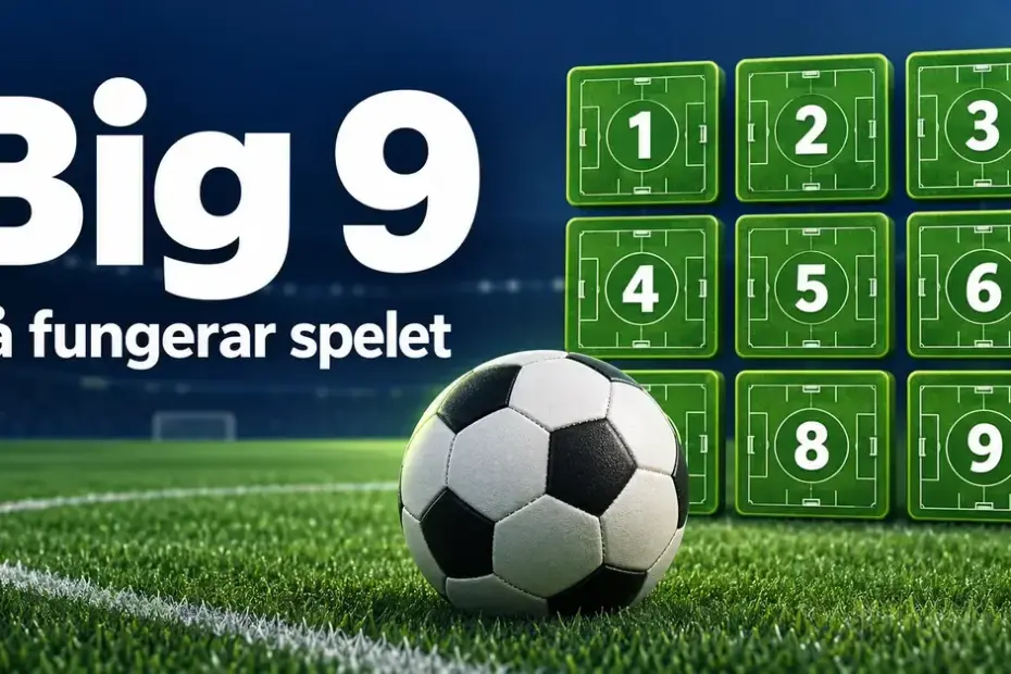 Fotboll på en fotbollsplan framför nio gröna matchrutor och texten ”Big 9 – Så fungerar spelet”.