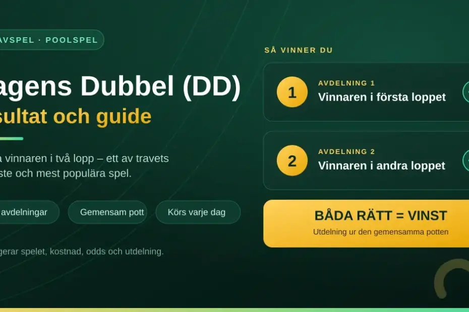Grafik med rubriken "Dagens Dubbel (DD) – resultat och guide" som visar spelets två avdelningar där du ska pricka vinnaren i första och andra loppet för att få vinst.