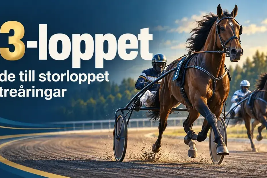 Illustration av två travhästar med kuskar i sulky på en travbana, med texten ”E3-loppet – Guide till storloppet för treåringar”.