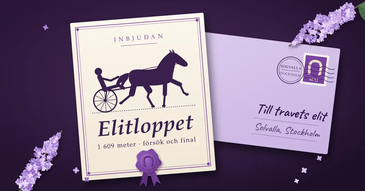 Illustration av ett inbjudningskort till Elitloppet med en travhäst och sulky i silhuett, ett lila vaxsigill och texten ”1 609 meter · försök och final”, lagt på ett syrenfärgat kuvert adresserat ”Till travets elit” med poststämpel från Solvalla, omgivet av syrenkvistar.