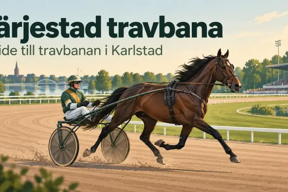 Illustration av en travhäst med sulky och kusk på en travbana, med texten ”Färjestad travbana – Guide till travbanan i Karlstad”.