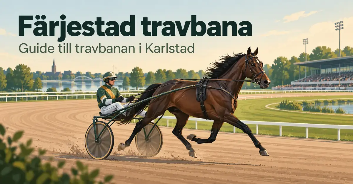 Illustration av en travhäst med sulky och kusk på en travbana, med texten ”Färjestad travbana – Guide till travbanan i Karlstad”.