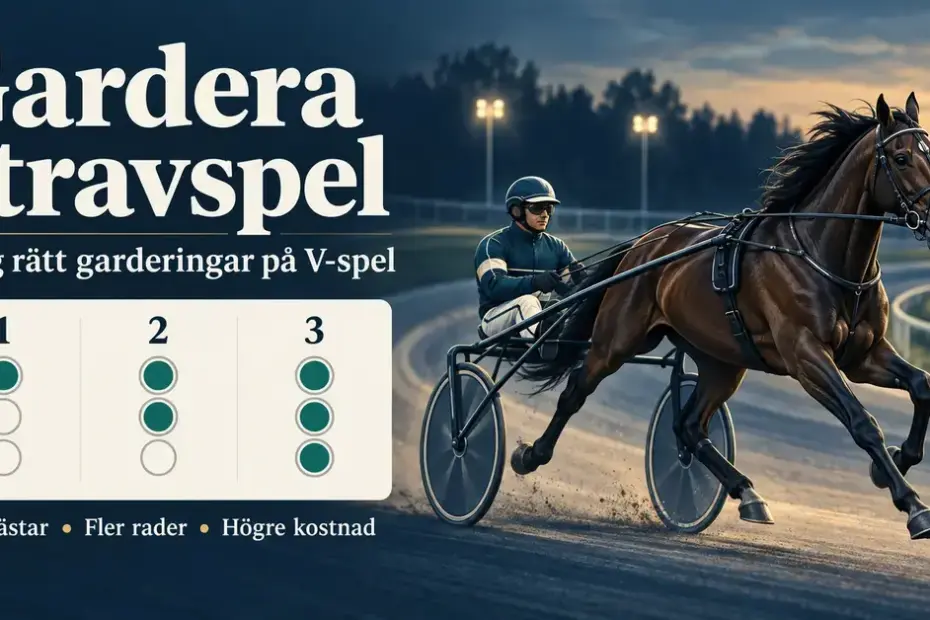 Illustration av en travhäst med sulky och en spelkupong med olika antal markerade hästar som visar hur fler garderingar ger fler rader och högre kostnad.