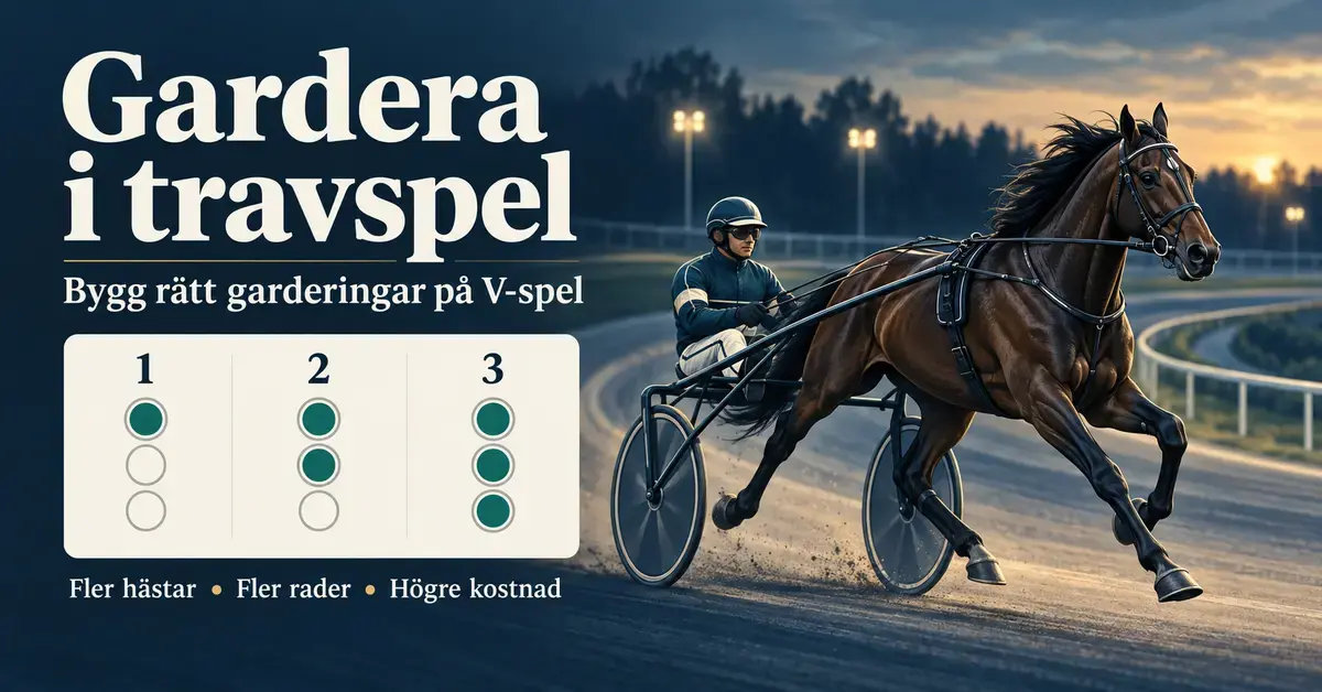 Illustration av en travhäst med sulky och en spelkupong med olika antal markerade hästar som visar hur fler garderingar ger fler rader och högre kostnad.