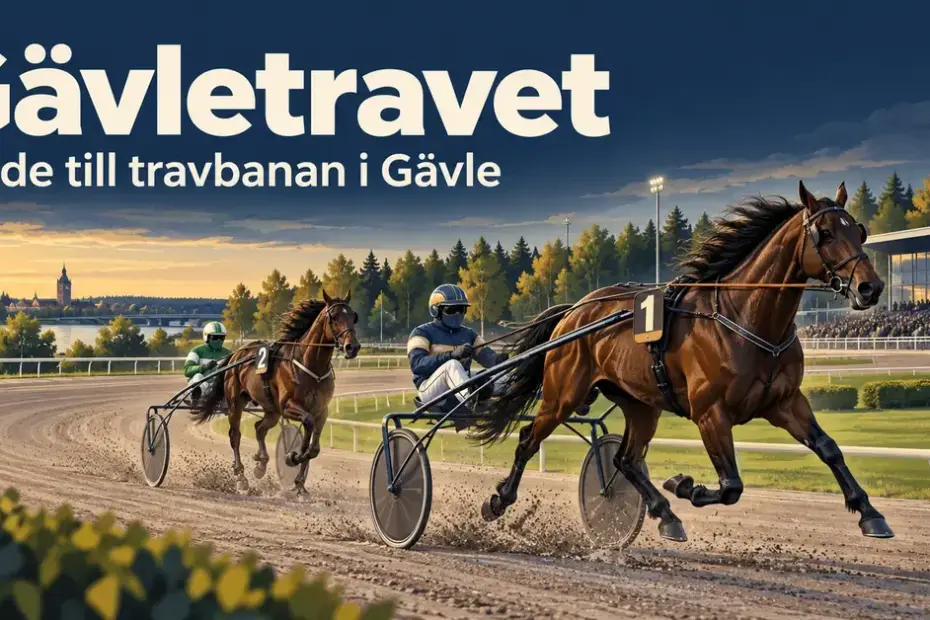 Illustration av två travhästar med kuskar i sulky på en travbana i kvällsljus, med texten ”Gävletravet – Guide till travbanan i Gävle”.