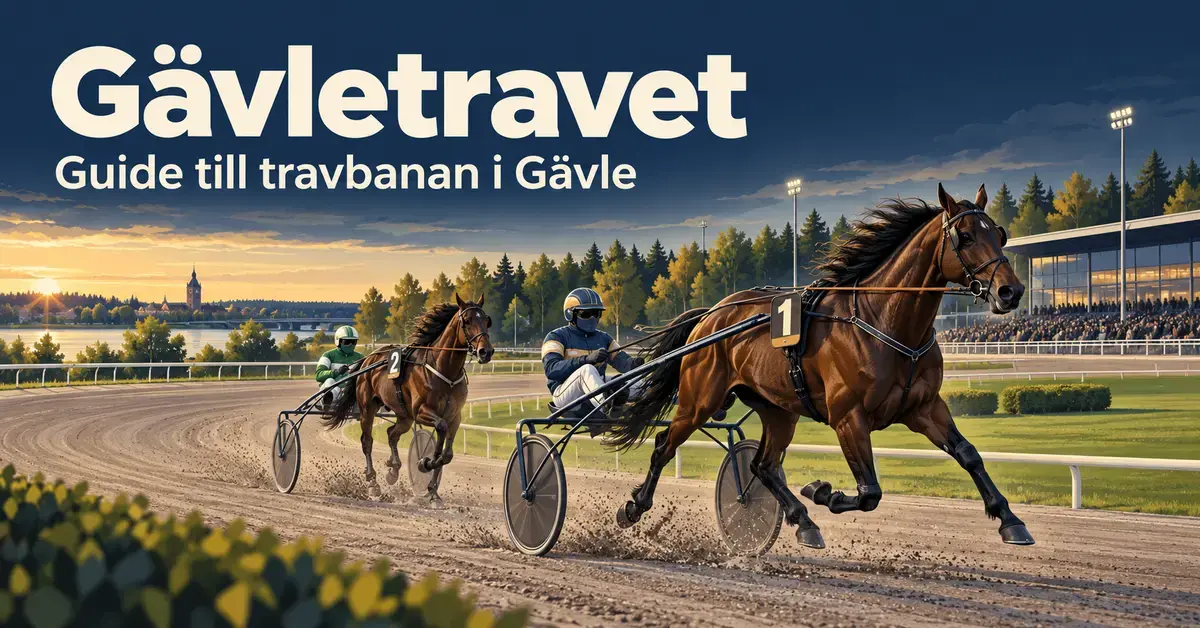 Illustration av två travhästar med kuskar i sulky på en travbana i kvällsljus, med texten ”Gävletravet – Guide till travbanan i Gävle”.