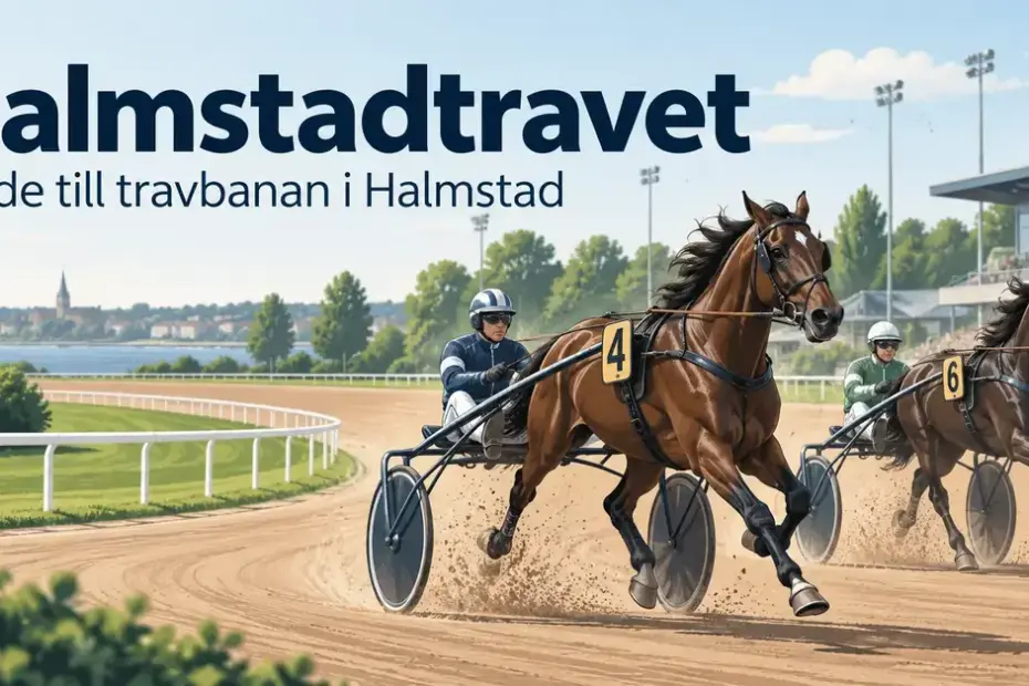 Illustration av två travhästar med sulky och kusk på en travbana, med rubriken ”Halmstadtravet” och texten ”Guide till travbanan i Halmstad”.