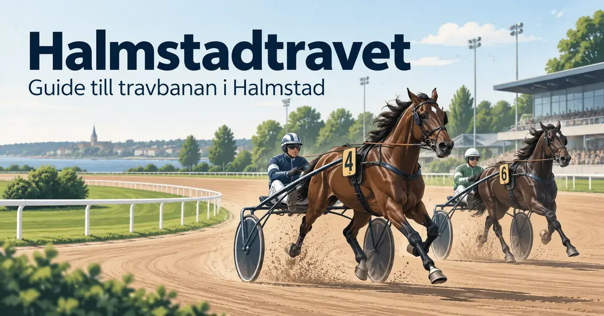 Illustration av två travhästar med sulky och kusk på en travbana, med rubriken ”Halmstadtravet” och texten ”Guide till travbanan i Halmstad”.