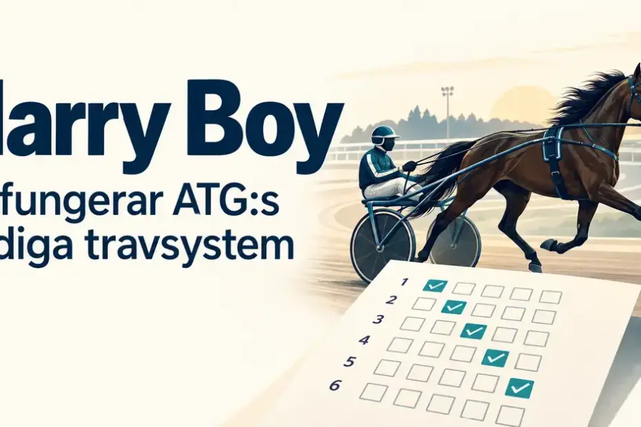 Illustration av en travhäst med sulky och en spelkupong med markerade rutor intill texten ”Harry Boy – Så fungerar ATG:s färdiga travsystem”.