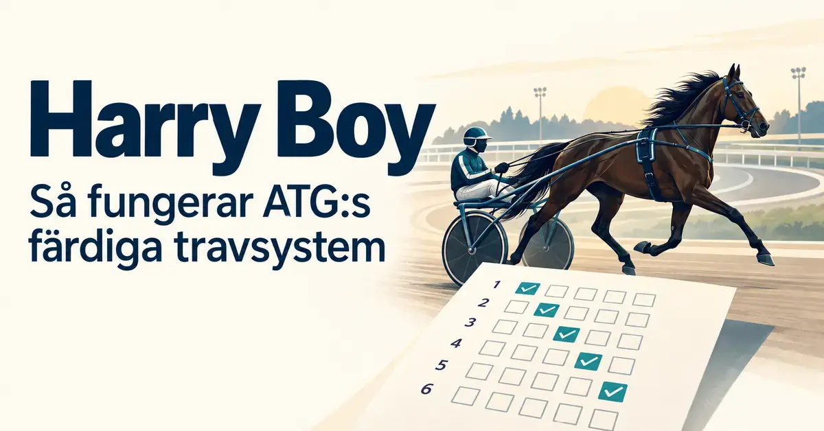 Illustration av en travhäst med sulky och en spelkupong med markerade rutor intill texten ”Harry Boy – Så fungerar ATG:s färdiga travsystem”.