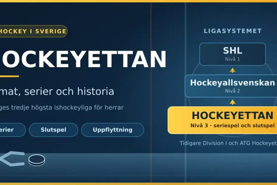 Grafik med rubriken "Hockeyettan – format, serier och historia" och en pyramid som visar det svenska ligasystemet med SHL, Hockeyallsvenskan och Hockeyettan som nivå tre.