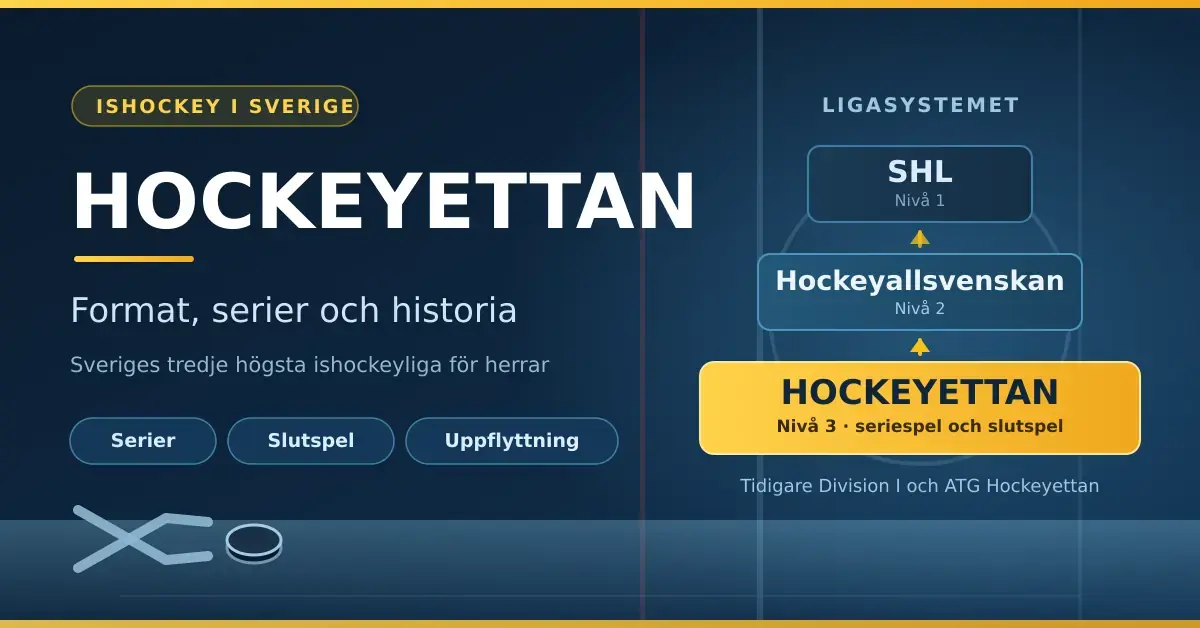 Grafik med rubriken "Hockeyettan – format, serier och historia" och en pyramid som visar det svenska ligasystemet med SHL, Hockeyallsvenskan och Hockeyettan som nivå tre.