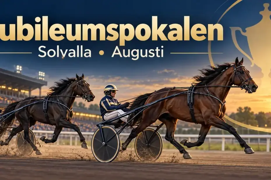 Illustration av två travhästar med kuskar i sulky på en travbana i kvällsljus, med en gyllene pokalsiluett och texten ”Jubileumspokalen – Solvalla • Augusti”.