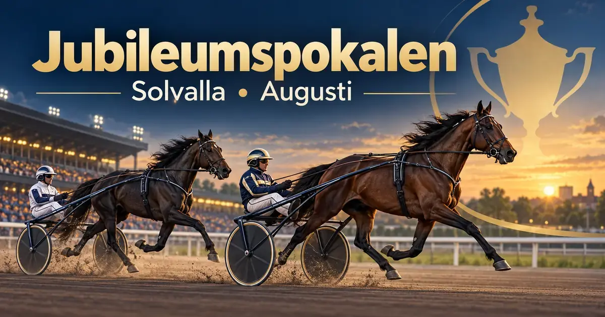 Illustration av två travhästar med kuskar i sulky på en travbana i kvällsljus, med en gyllene pokalsiluett och texten ”Jubileumspokalen – Solvalla • Augusti”.