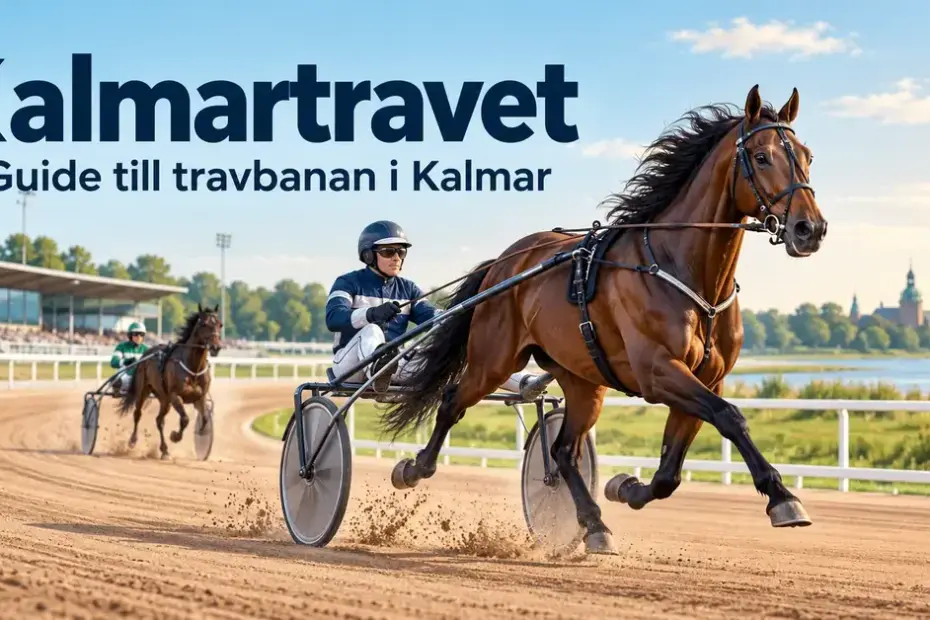 Illustration av travhästar med kuskar i sulky på en travbana, med rubriken ”Kalmartravet – Guide till travbanan i Kalmar”.