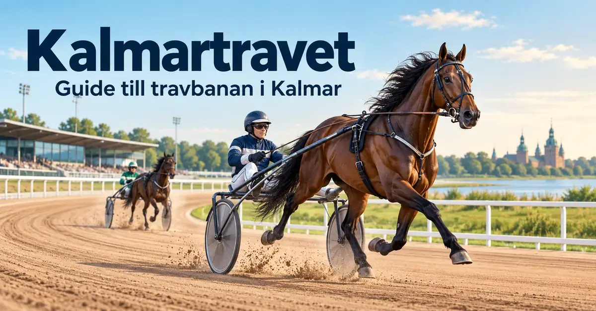 Illustration av travhästar med kuskar i sulky på en travbana, med rubriken ”Kalmartravet – Guide till travbanan i Kalmar”.