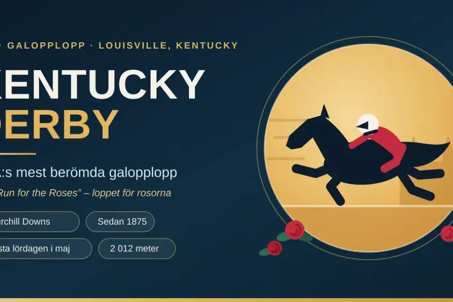 Grafik med texten Kentucky Derby och en mörk siluett av en galopphäst med jockey i rött framför en gyllene cirkel, omgiven av röda rosor och fakta om loppet på Churchill Downs.