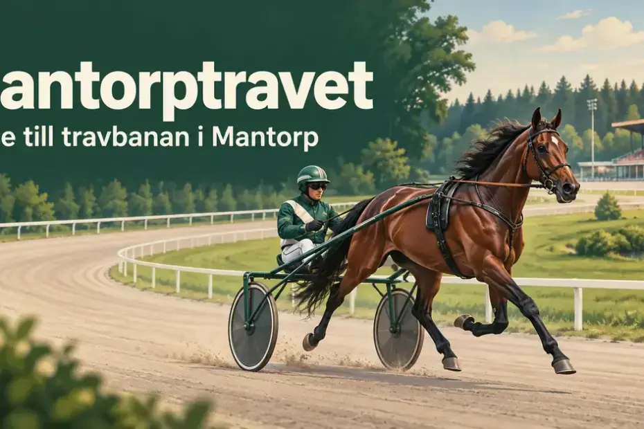 Illustration av en travhäst med sulky och kusk på en travbana, med texten ”Mantorptravet – Guide till travbanan i Mantorp”.
