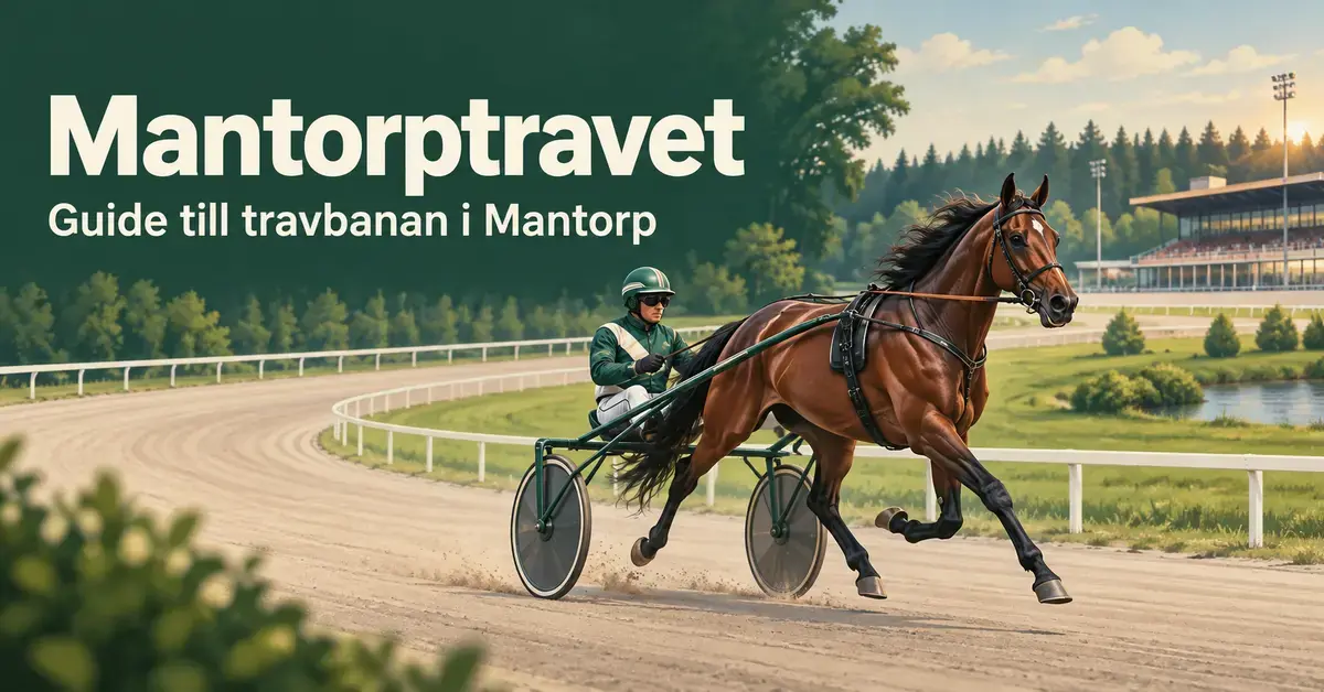 Illustration av en travhäst med sulky och kusk på en travbana, med texten ”Mantorptravet – Guide till travbanan i Mantorp”.
