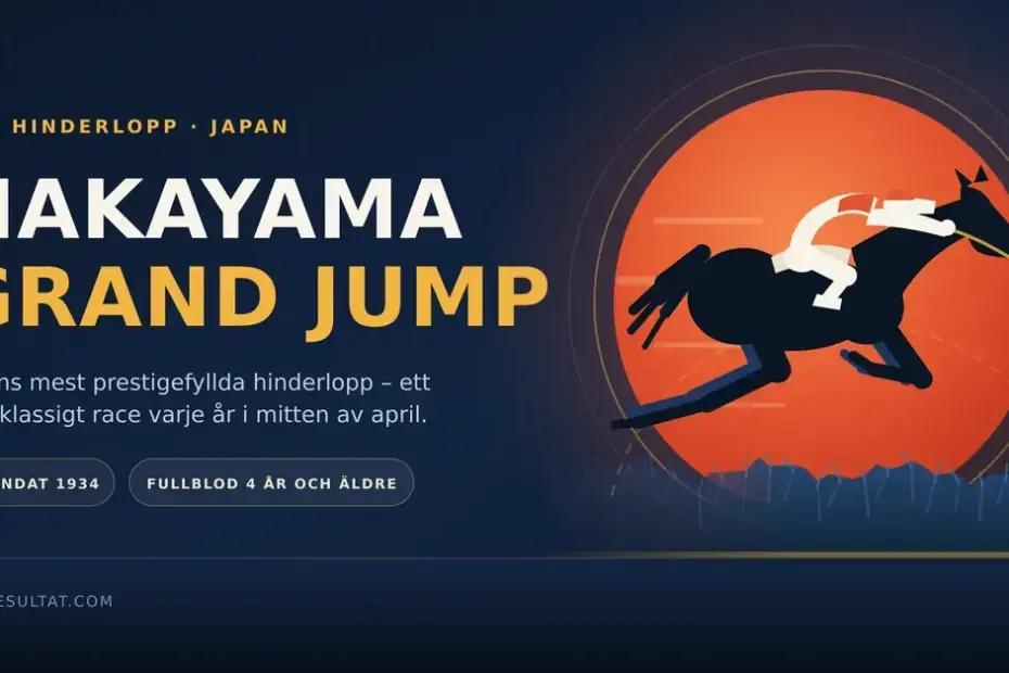 En vektorillustration av en galopperande fullblodshäst med jockey som hoppar över ett häckhinder framför en röd sol, med texten "Nakayama Grand Jump".