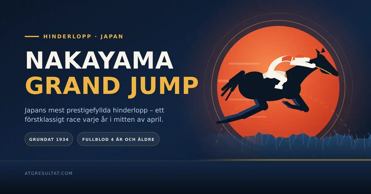 En vektorillustration av en galopperande fullblodshäst med jockey som hoppar över ett häckhinder framför en röd sol, med texten "Nakayama Grand Jump".