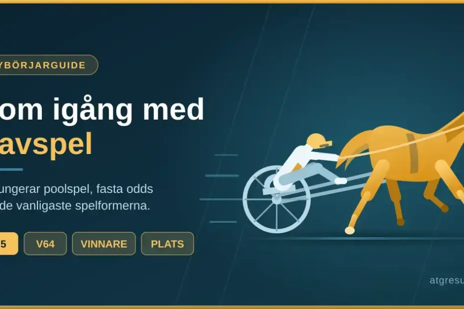 Illustration av en travhäst med sulky och kusk bredvid texten "Kom igång med travspel" samt spelformerna V75, V64, vinnare och plats.