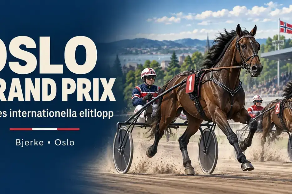 Illustration av två travhästar med kuskar i sulky på en norsk travbana, med norska flaggor och texten Oslo Grand Prix – Norges internationella elitlopp.