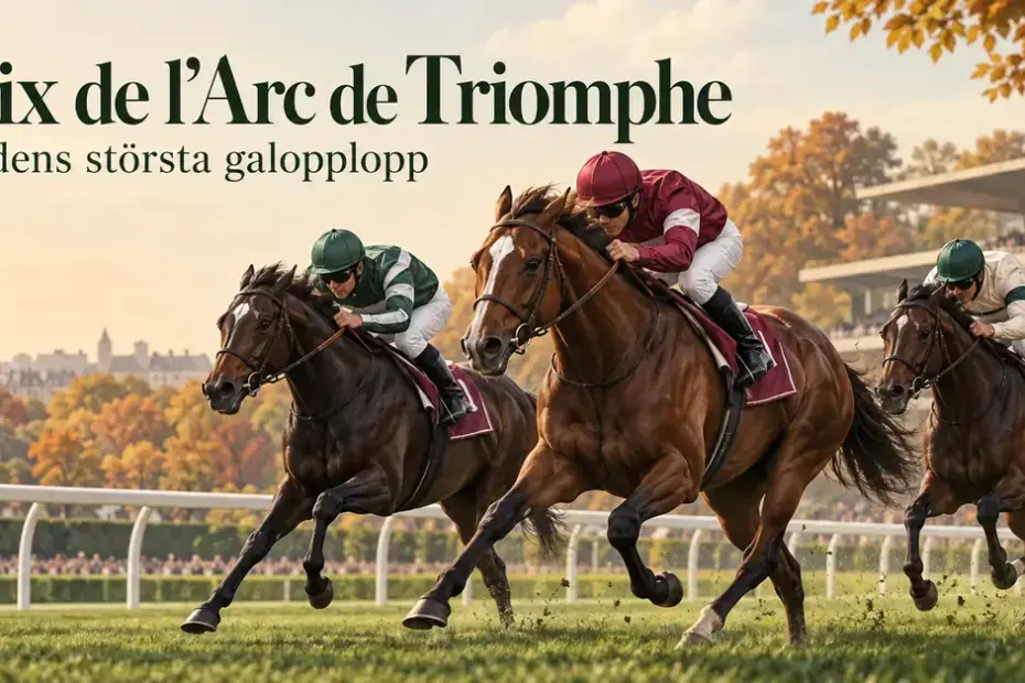 Illustration av tre galopperande fullblodshästar med jockeyer på en gräsbana i höstligt Paris under rubriken Prix de l’Arc de Triomphe – världens största galopplopp.