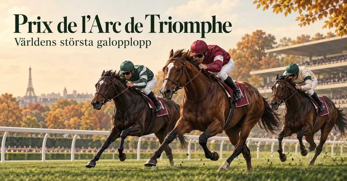 Illustration av tre galopperande fullblodshästar med jockeyer på en gräsbana i höstligt Paris under rubriken Prix de l’Arc de Triomphe – världens största galopplopp.