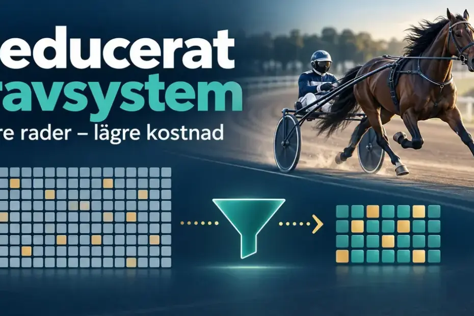 Grafik med en travhäst och sulky samt spelrader som filtreras till färre kombinationer för att illustrera lägre kostnad med ett reducerat travsystem.