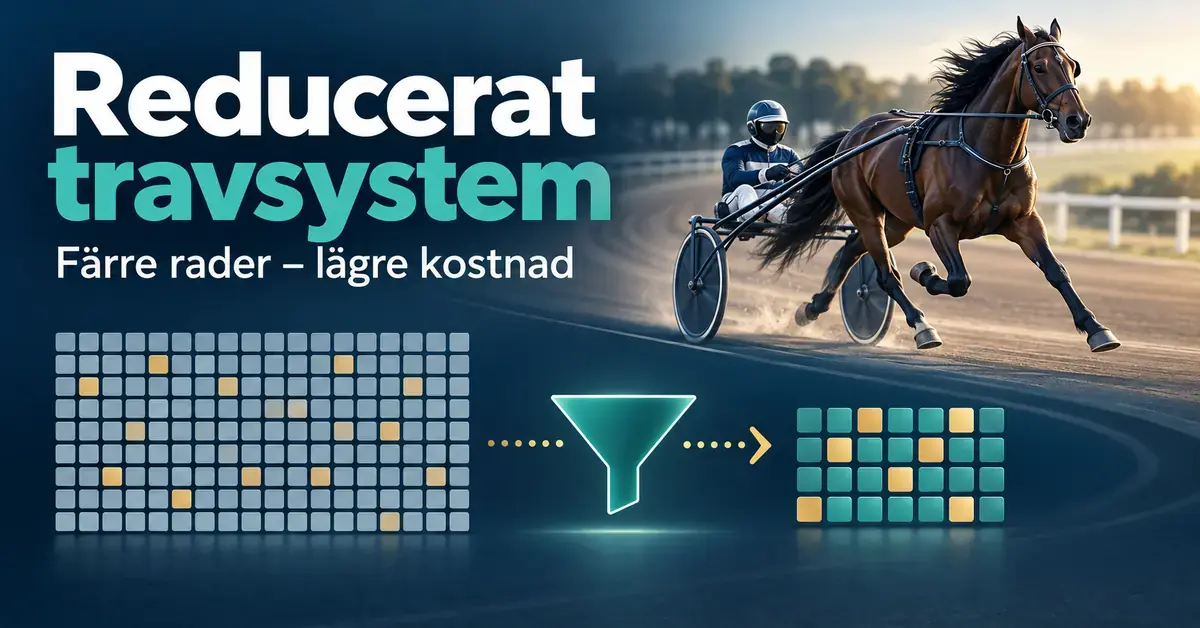 Grafik med en travhäst och sulky samt spelrader som filtreras till färre kombinationer för att illustrera lägre kostnad med ett reducerat travsystem.