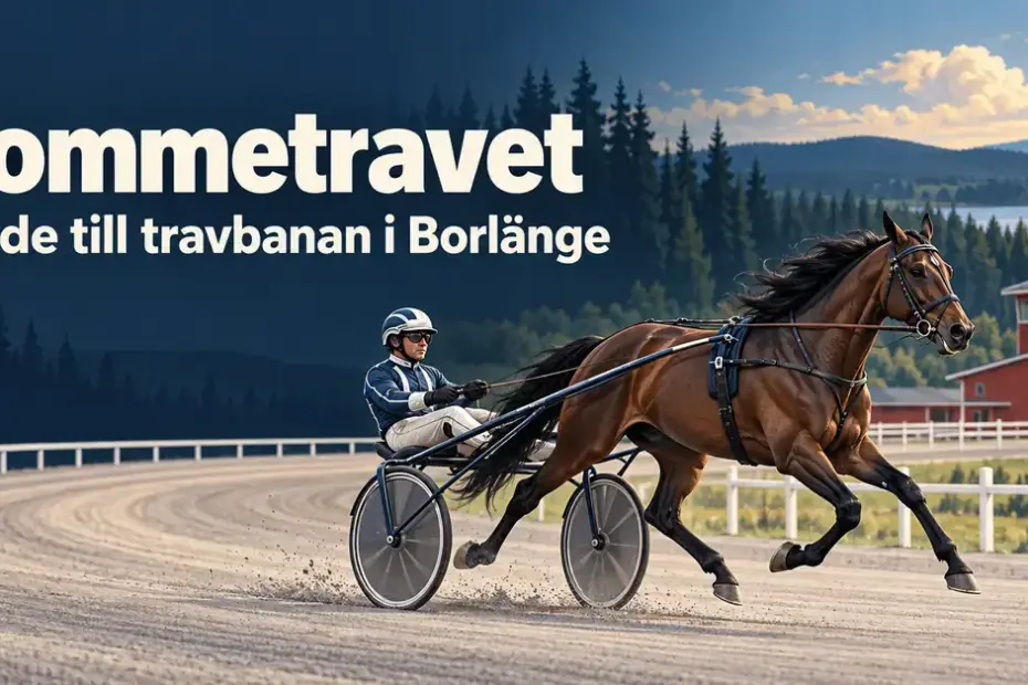 Illustration av en travhäst med sulky och kusk på en travbana, med skog i bakgrunden och texten ”Rommetravet – Guide till travbanan i Borlänge”.