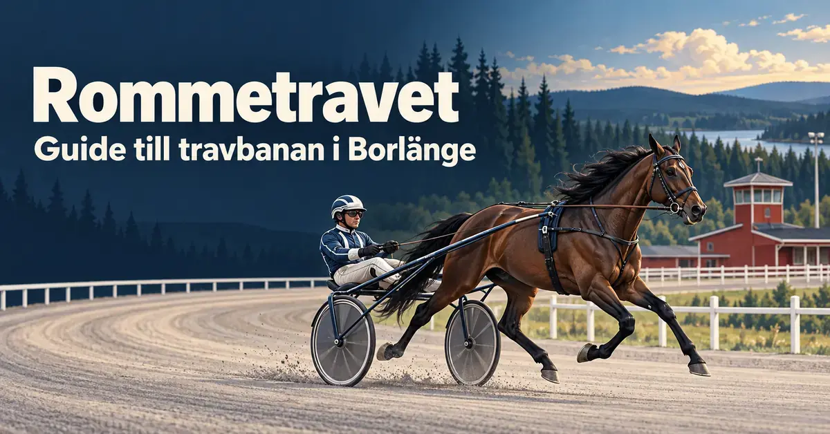 Illustration av en travhäst med sulky och kusk på en travbana, med skog i bakgrunden och texten ”Rommetravet – Guide till travbanan i Borlänge”.