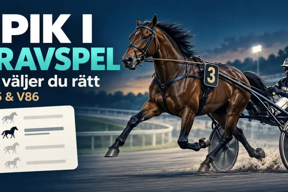 En travhäst med kusk och sulky bredvid en kupong med en markerad häst och texten ”Spik i travspel – så väljer du rätt – V75 & V86”.