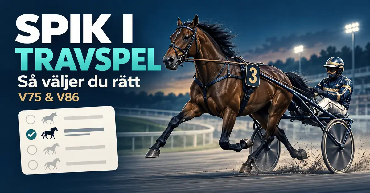 En travhäst med kusk och sulky bredvid en kupong med en markerad häst och texten ”Spik i travspel – så väljer du rätt – V75 & V86”.