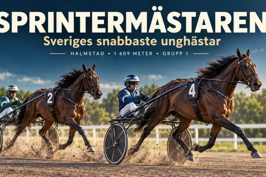 Två travhästar med kuskar i sulky tävlar på en somrig travbana under rubriken Sprintermästaren – Sveriges snabbaste unghästar.
