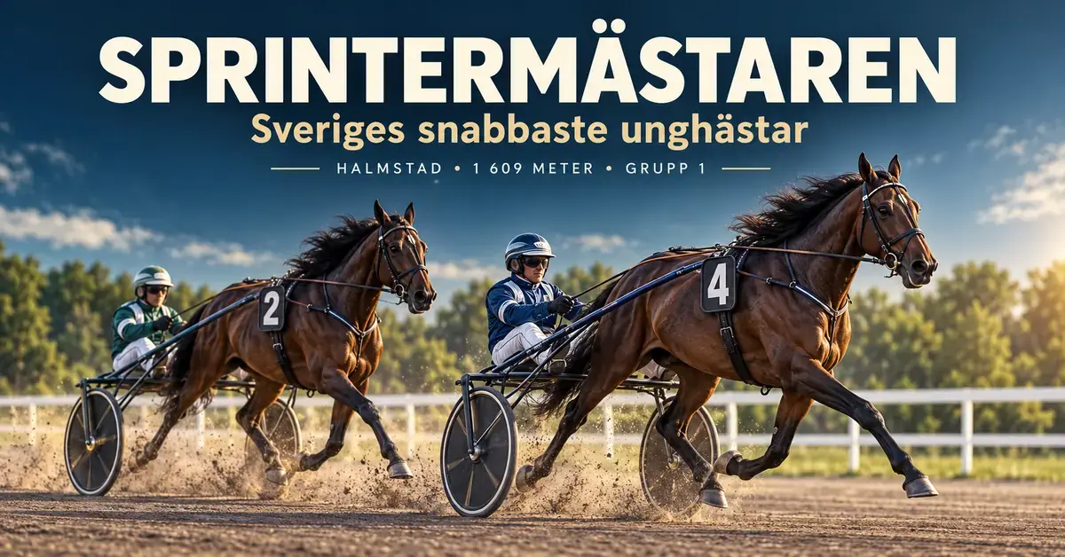 Två travhästar med kuskar i sulky tävlar på en somrig travbana under rubriken Sprintermästaren – Sveriges snabbaste unghästar.