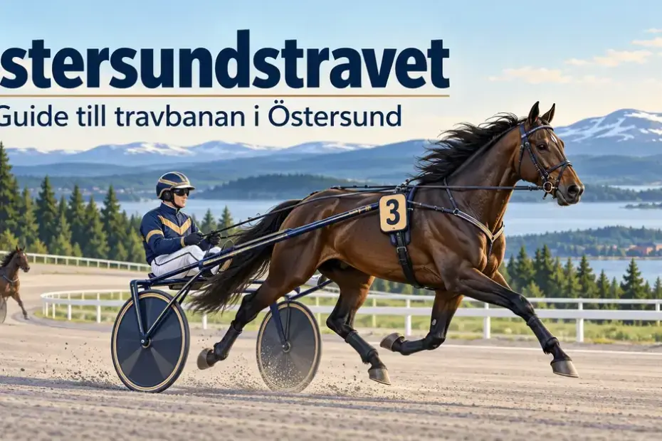 Illustration av travhästar med sulky på en bana i jämtländskt landskap under rubriken ”Östersundstravet – Guide till travbanan i Östersund”.