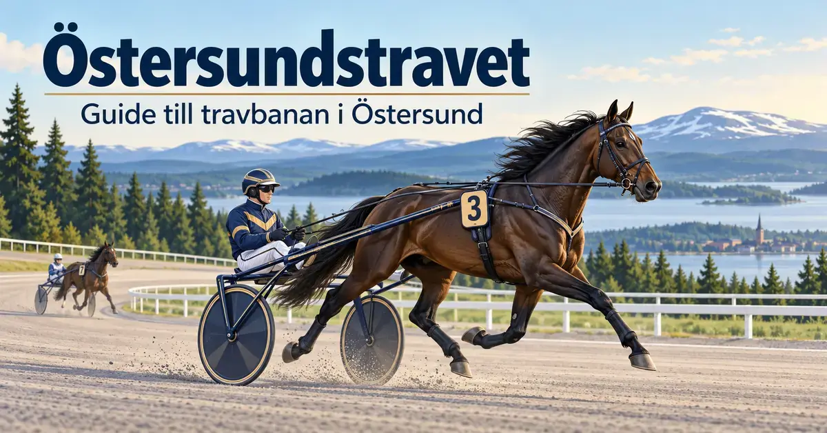 Illustration av travhästar med sulky på en bana i jämtländskt landskap under rubriken ”Östersundstravet – Guide till travbanan i Östersund”.