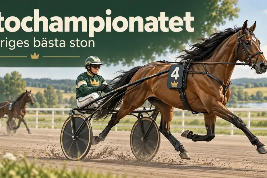 Illustration av travston med kuskar i sulky på en somrig travbana under rubriken ”Stochampionatet – Sveriges bästa ston”.