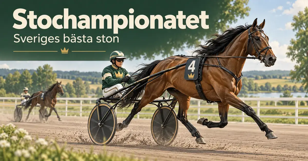 Illustration av travston med kuskar i sulky på en somrig travbana under rubriken ”Stochampionatet – Sveriges bästa ston”.