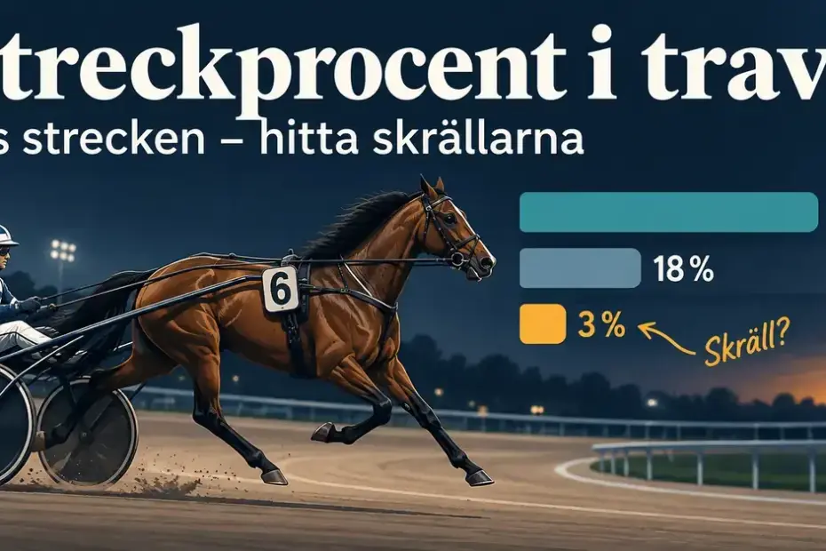 Illustration av en travhäst med sulky och kusk bredvid staplar med streckprocenten 45, 18 och 3 procent, där den lägsta markeras som en möjlig skräll.