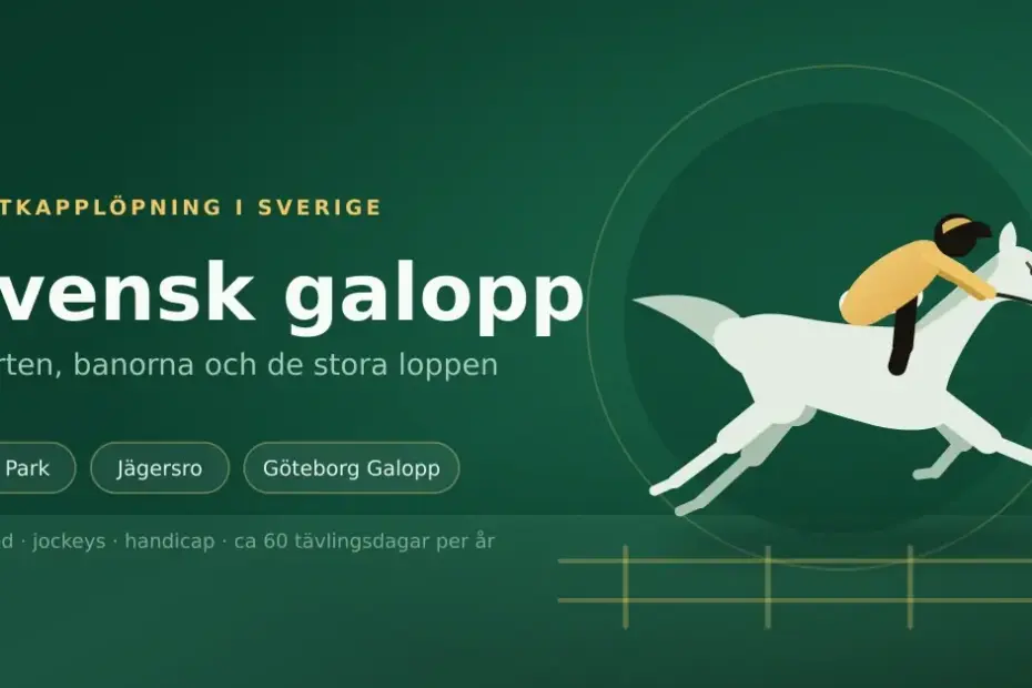 Grafisk illustration av en galopphäst med jockey i full galopp på en grön galoppbana, med rubriken "Svensk galopp" och banorna Bro Park, Jägersro och Göteborg Galopp.