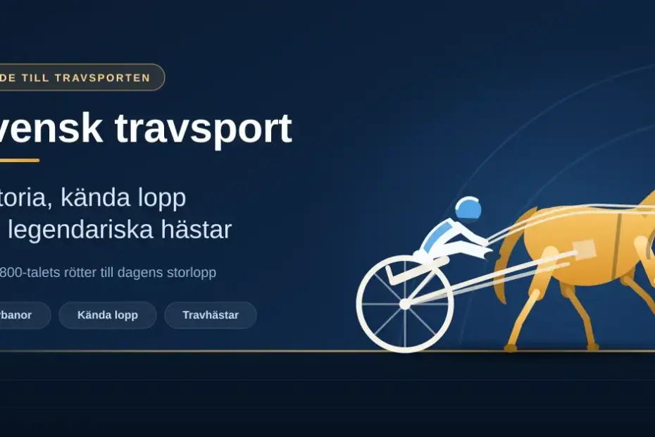 Illustration av en travhäst med sulky och kusk i full fart, med rubriken "Svensk travsport – historia, kända lopp och legendariska hästar".