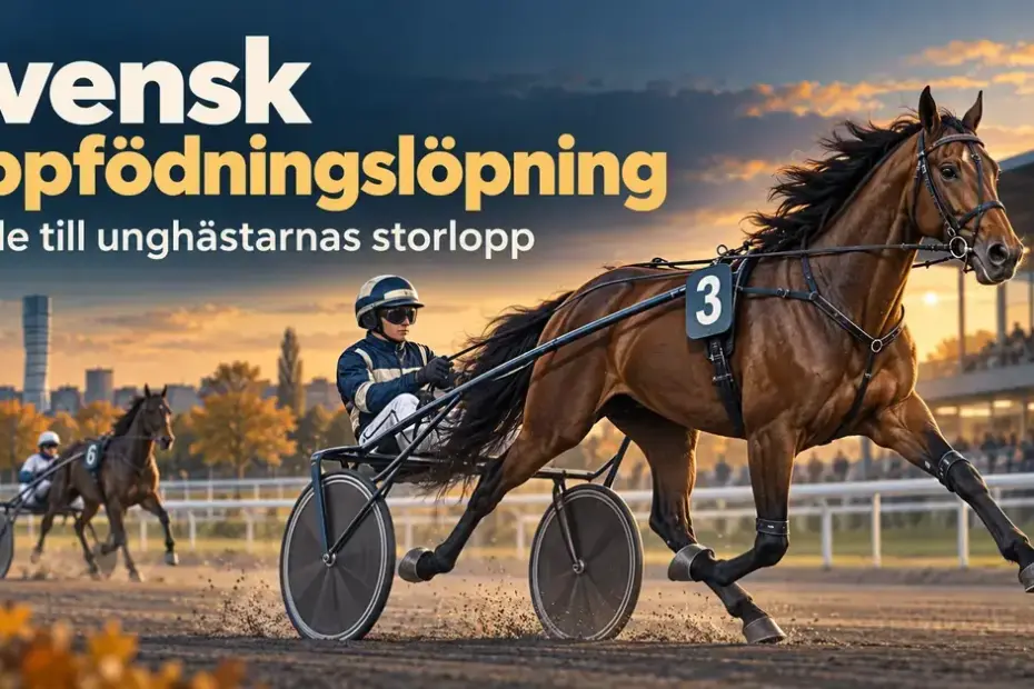 Illustration av travhästar med sulky och kusk på en bana i höstljus, med texten ”Svensk Uppfödningslöpning – Guide till unghästarnas storlopp”.