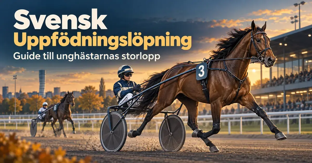 Illustration av travhästar med sulky och kusk på en bana i höstljus, med texten ”Svensk Uppfödningslöpning – Guide till unghästarnas storlopp”.